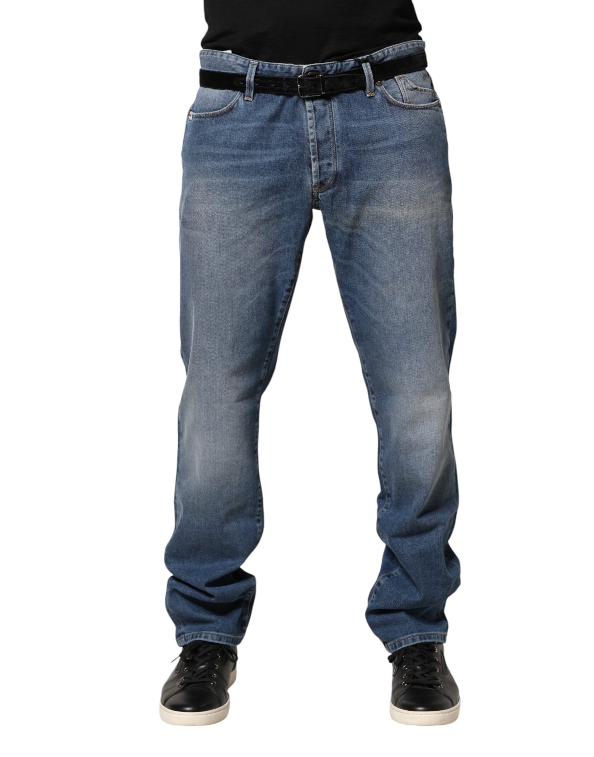 Blue Washed Mid Waist Straight Men Denim Trouser Jeans