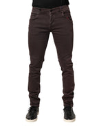 Brown Cotton Mid Waist Skinny Men Denim Jeans