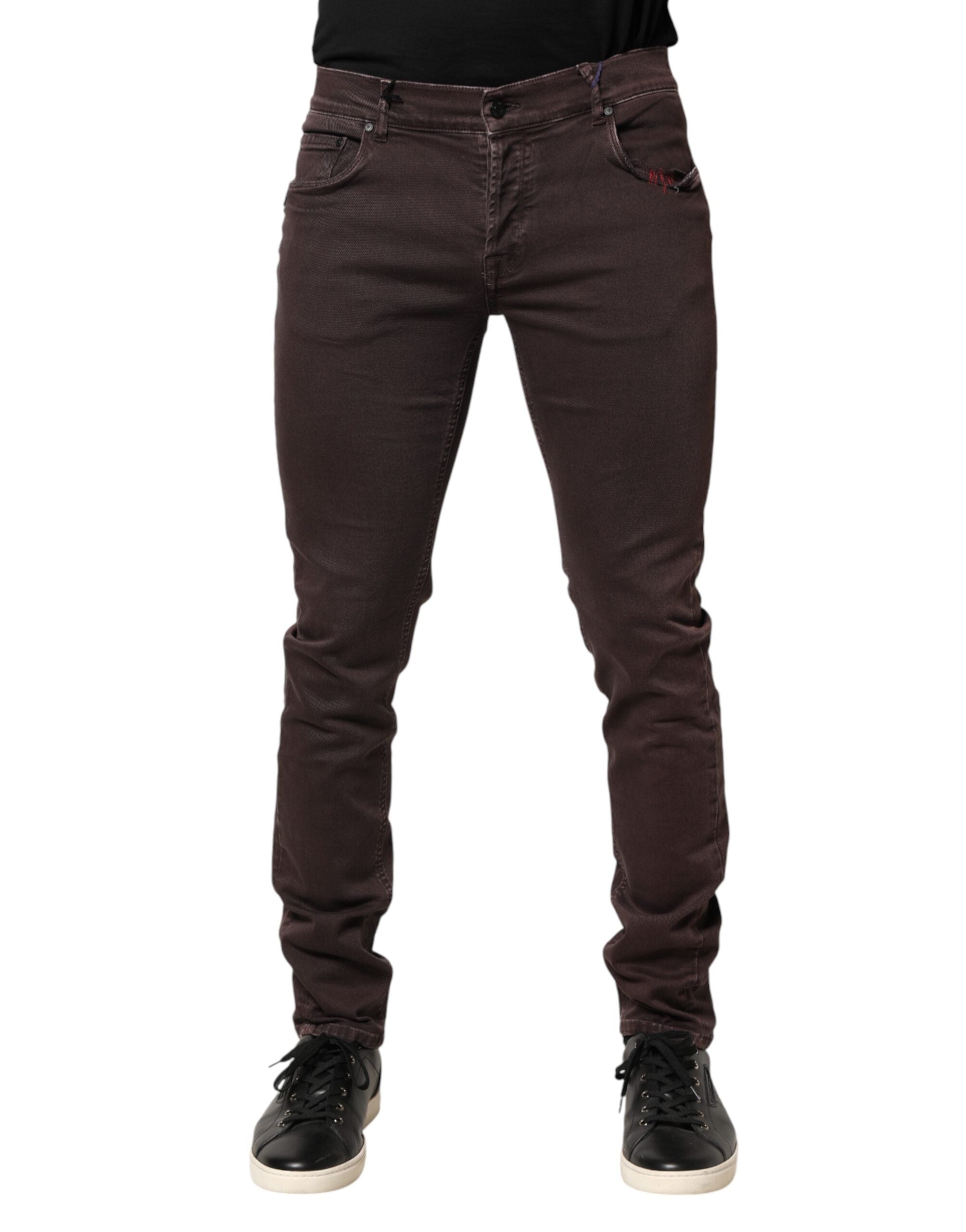 Brown Cotton Mid Waist Skinny Men Denim Jeans