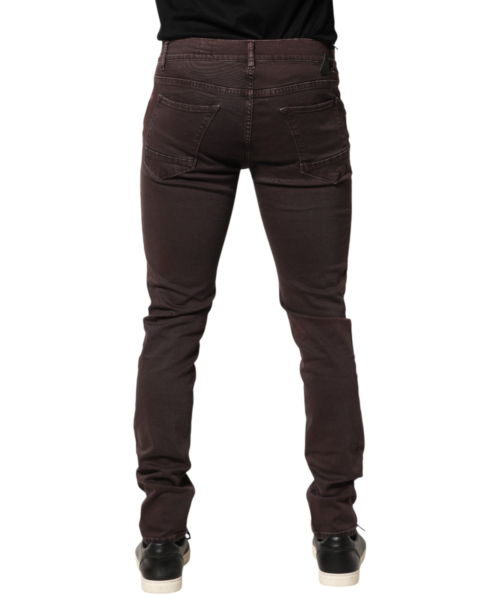 Brown Cotton Mid Waist Skinny Men Denim Jeans
