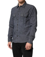Blue White Button Down Long Sleeves Men Denim Shirt