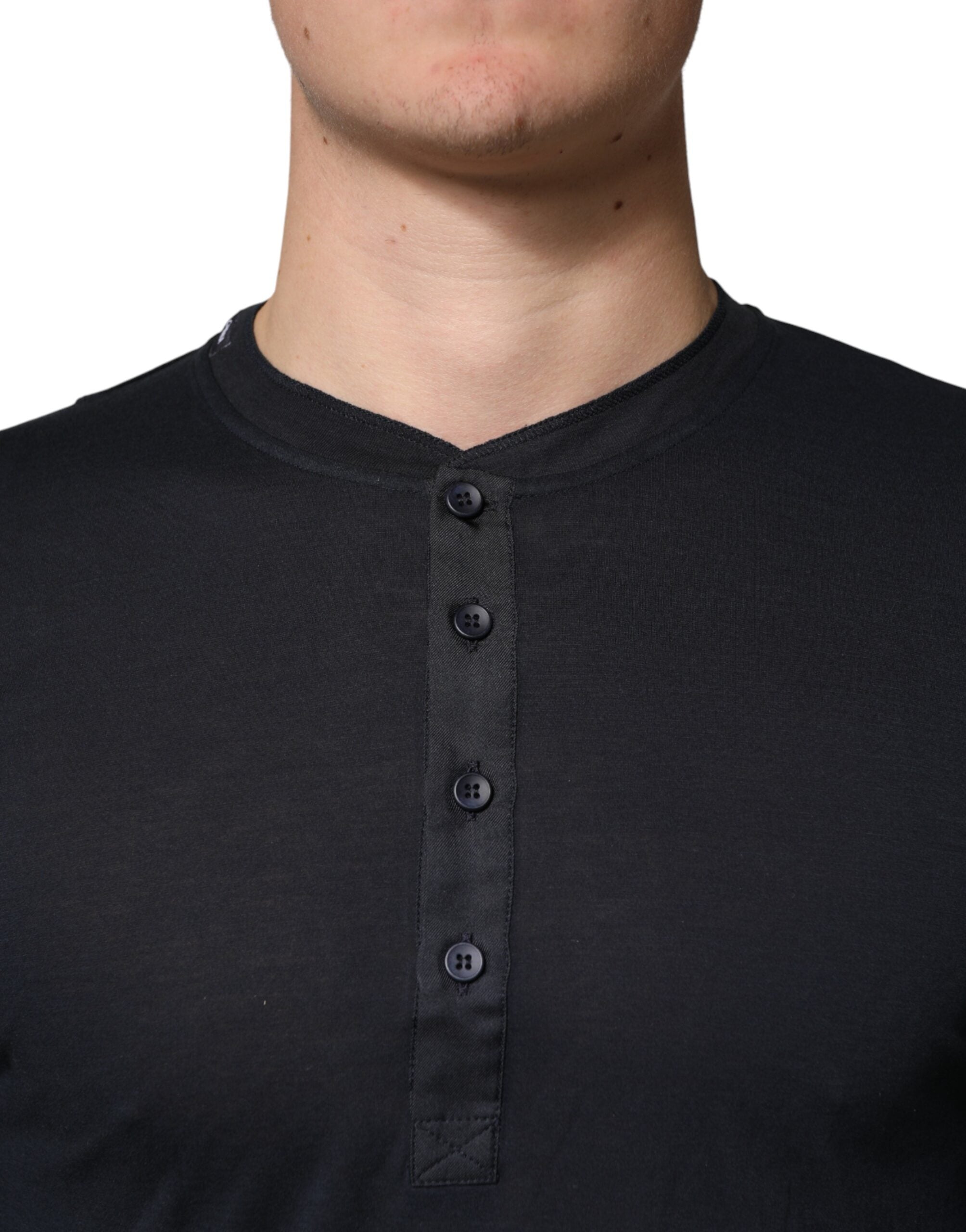 Dark Blue Cotton Henley Long Sleeves T-Shirt