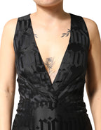 Black Jacquard Deep V-neck Sleeveless 2 Pc Dress
