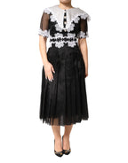 Black White Silk Macrame Lace Midi Dress