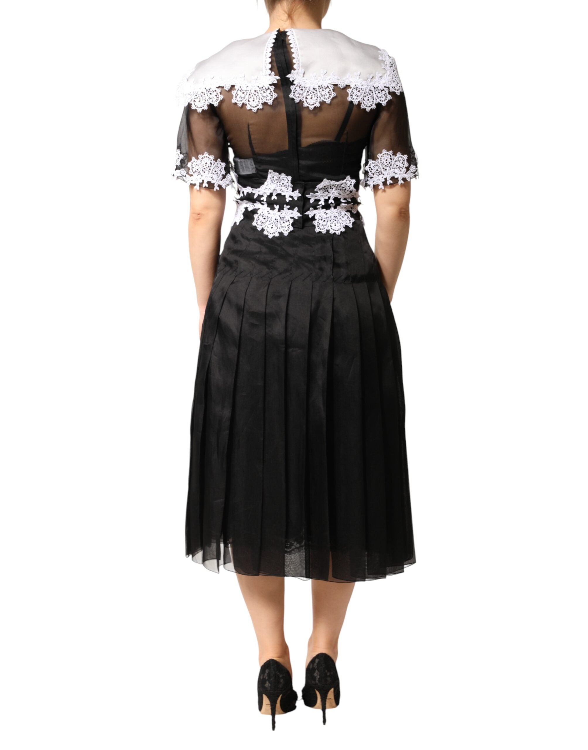 Black White Silk Macrame Lace Midi Dress