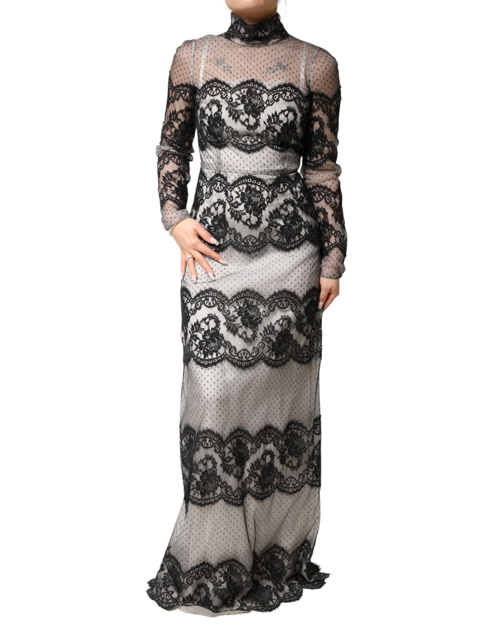 Black White Lace Silk Blend MaxiSheath Dress