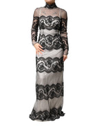 Black White Lace Silk Blend MaxiSheath Dress