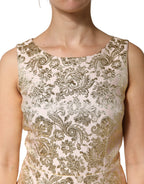Beige Gold Floral Brocade Sleeveless Dress