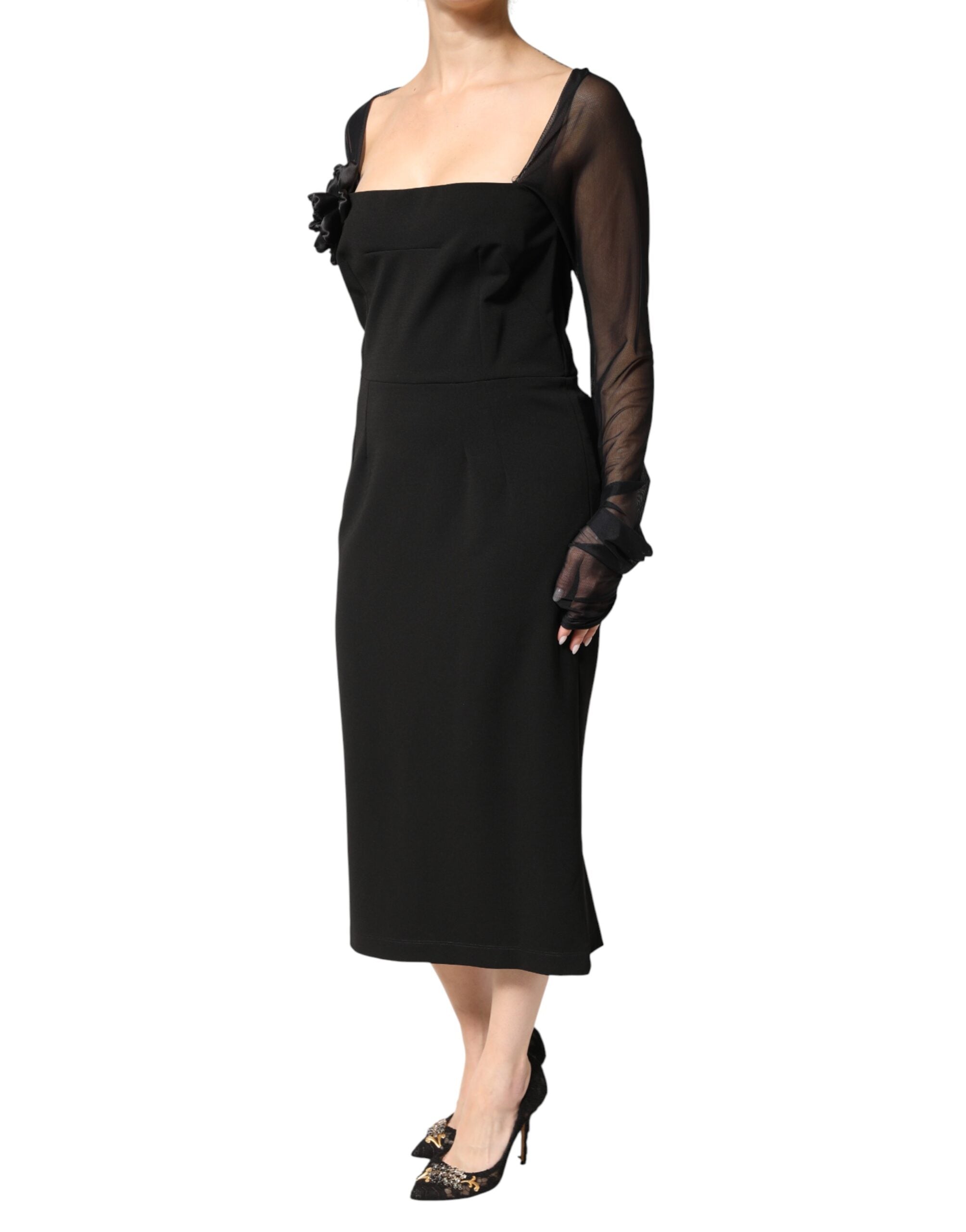 Black Sheer Yoke Rosette Sheath Midi Dress