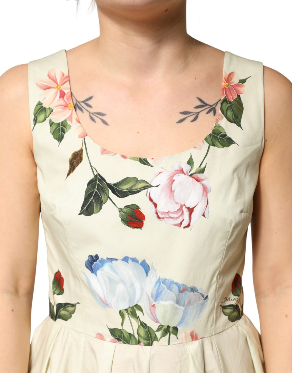 Beige Floral Sleeveless A-line Dress