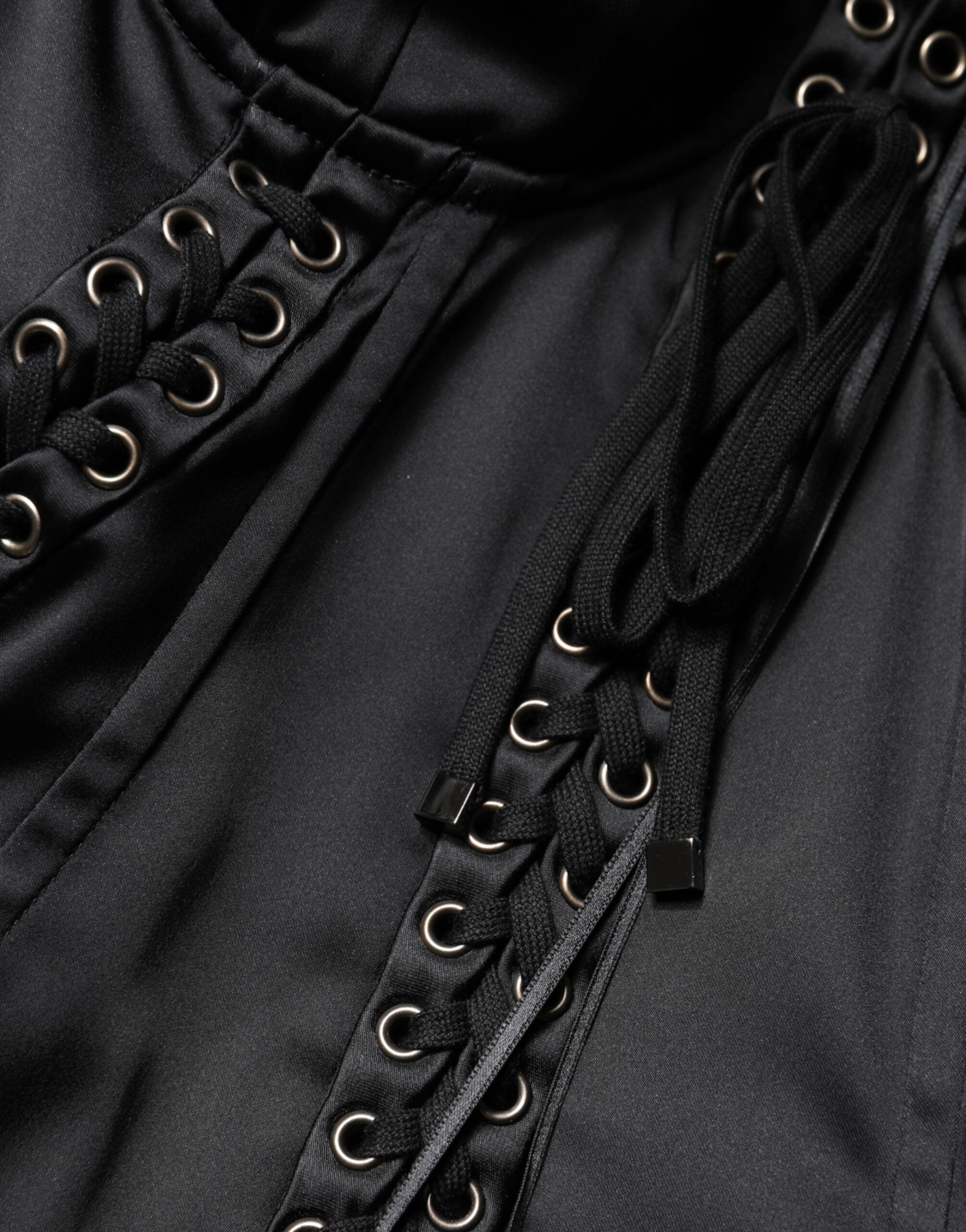 Black Satin Acetate Lace Eyelets Mini Dress