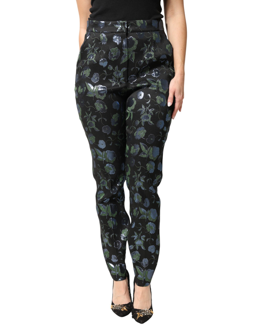 BlueGreen Floral Metallic Slim Trouser Pants