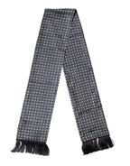 Blue Patterned Silk Fringes Foulard 138cm x 15.5cm Scarf