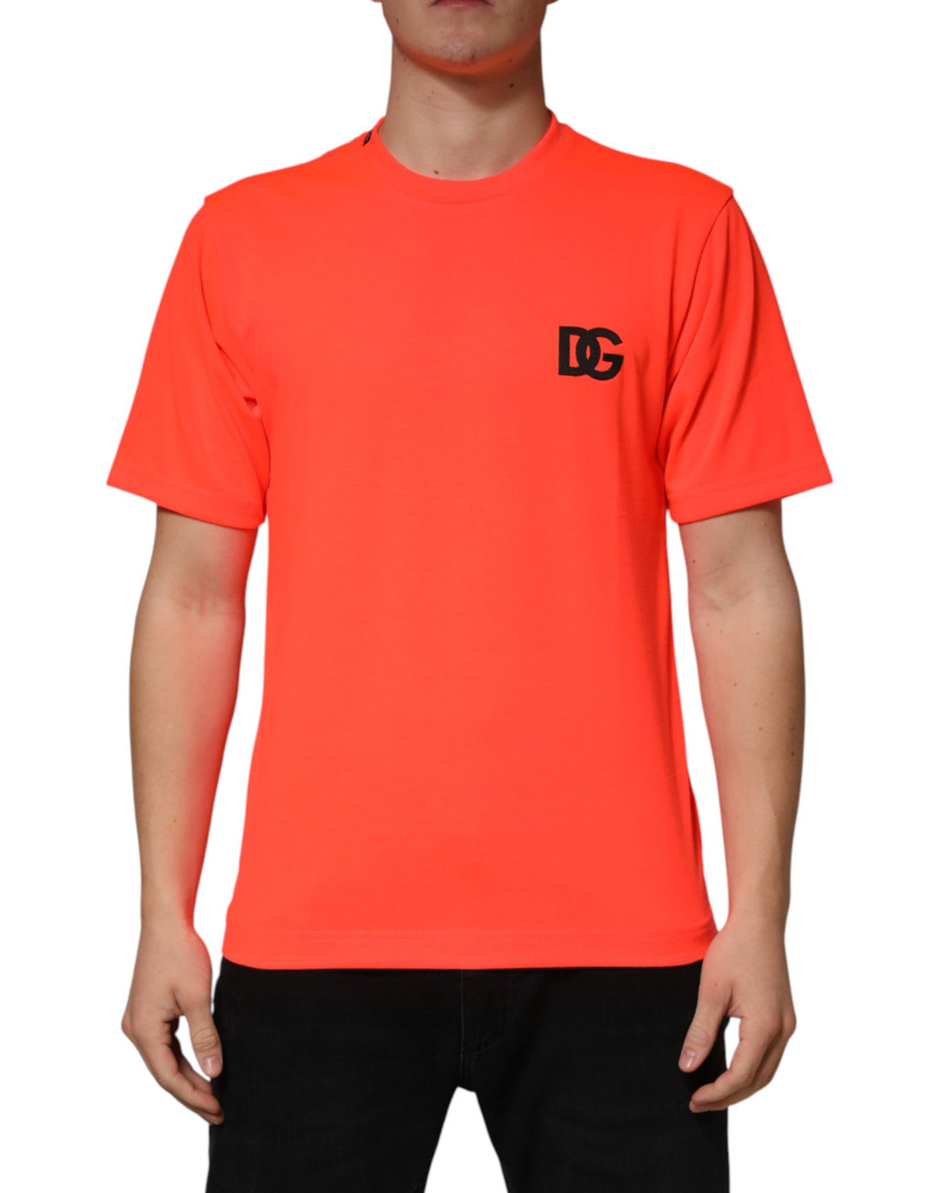Neon Orange Polyester Crew Neck Men T-shirt