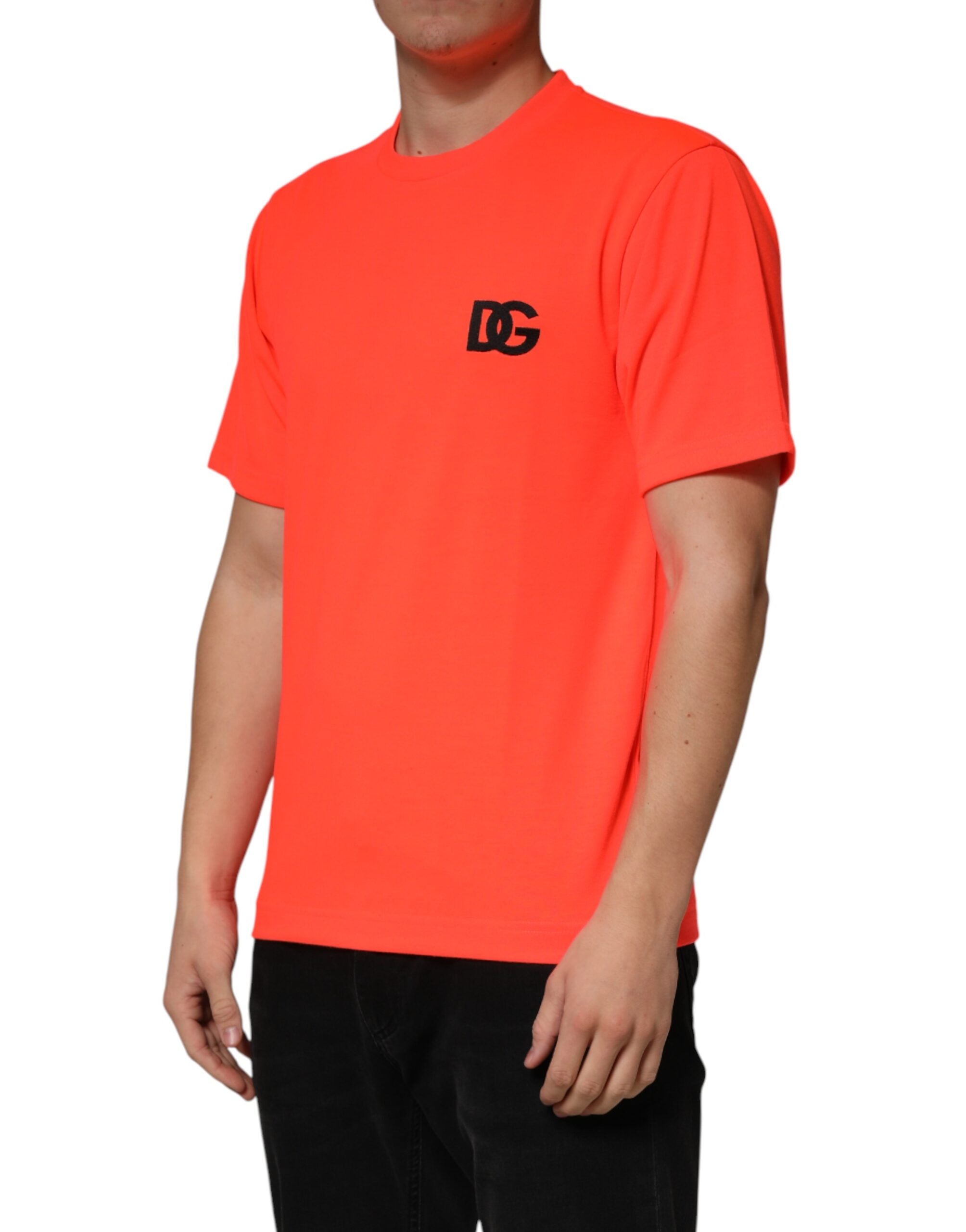 Neon Orange Polyester Crew Neck Men T-shirt