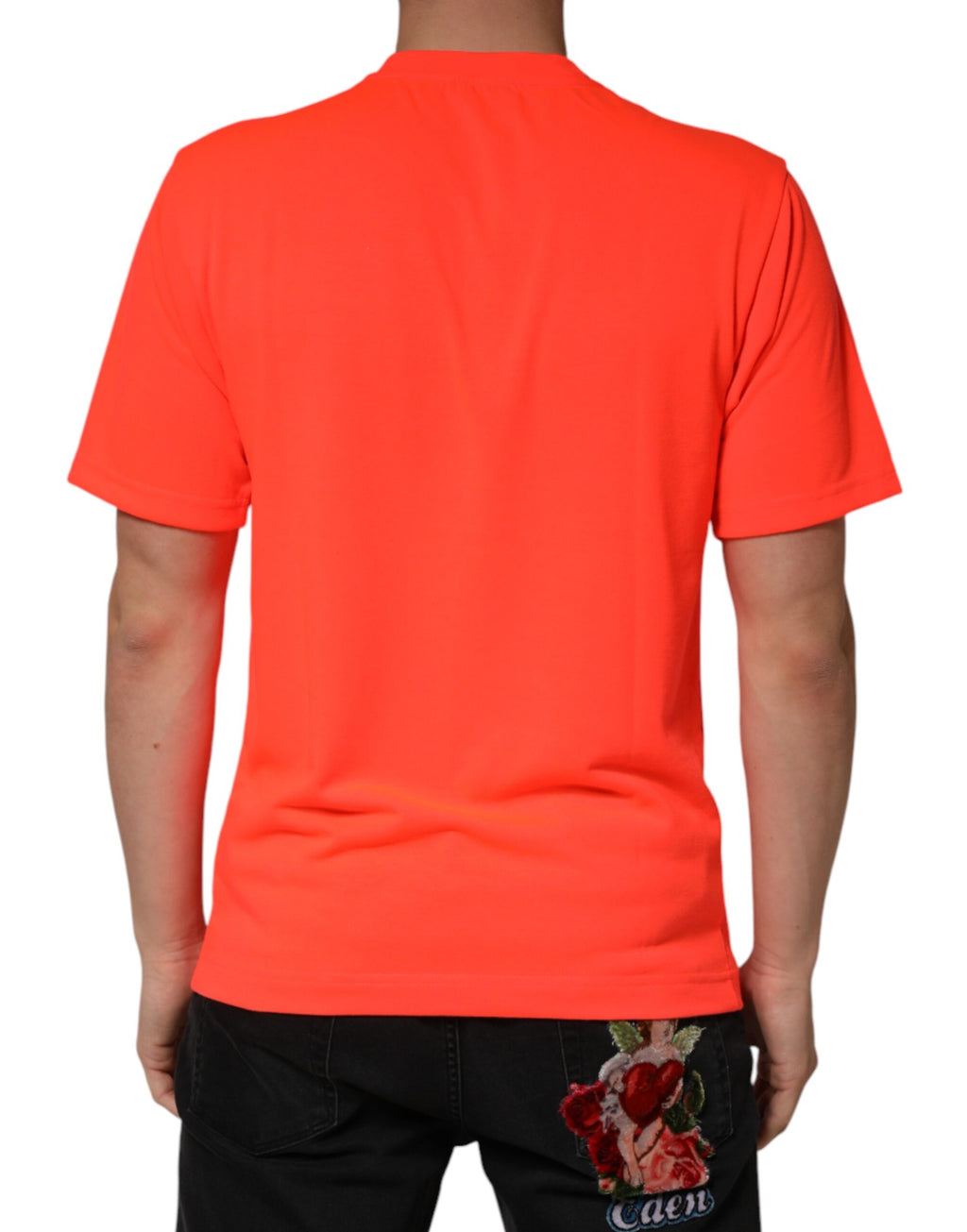 Neon Orange Polyester Crew Neck Men T-shirt
