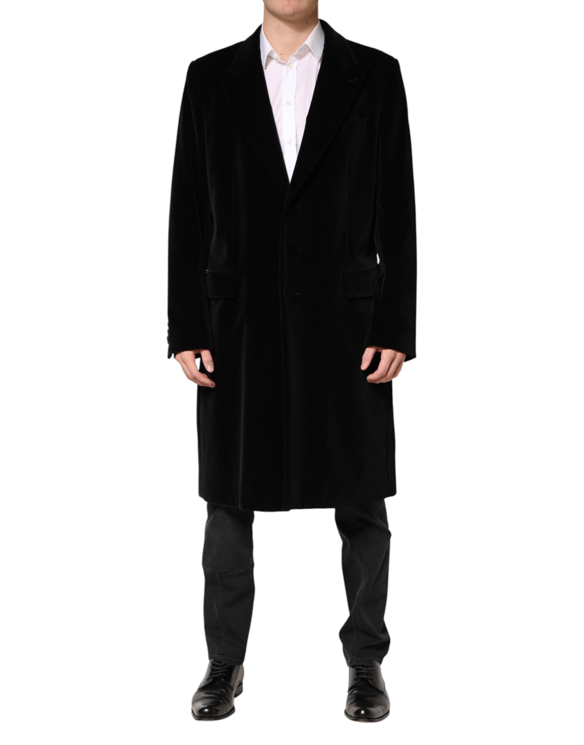 Black Cotton Velvet Long Trench Coat Jacket