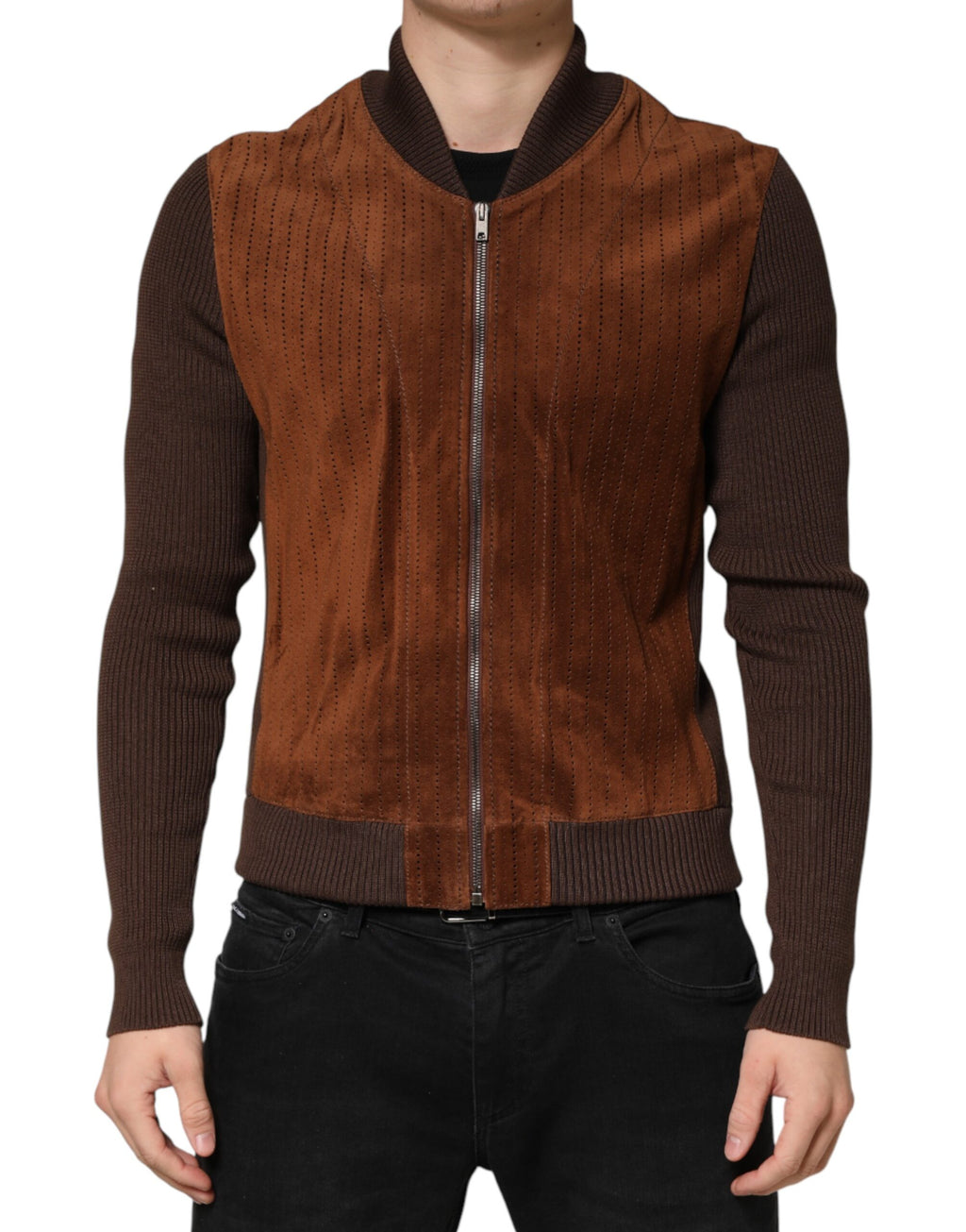 Brown Velvet Calfskin Full Zip Biker Jacket